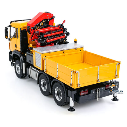 LESU 1/14 RC 6X6 Metal Hydraulic Crane Truck Yellow Left Rear View, Folded Crane, Metal Cargo Box With Independently Opening Side Gates