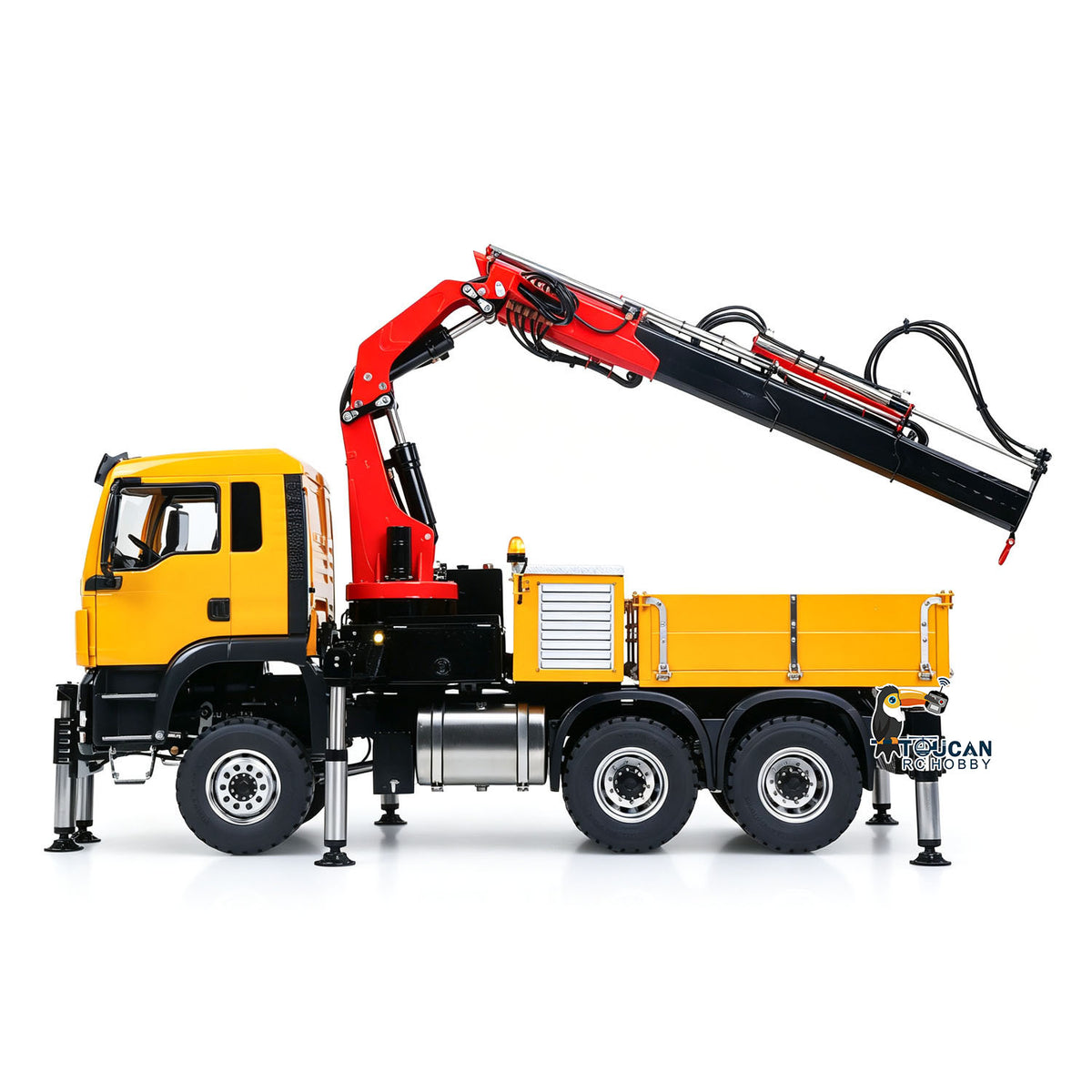 LESU 1/14 RC 6X6 Hydraulic Truck Crane Yellow Right Side View, Full Extended Crane Arm, Leaf Spring Suspension Chassis