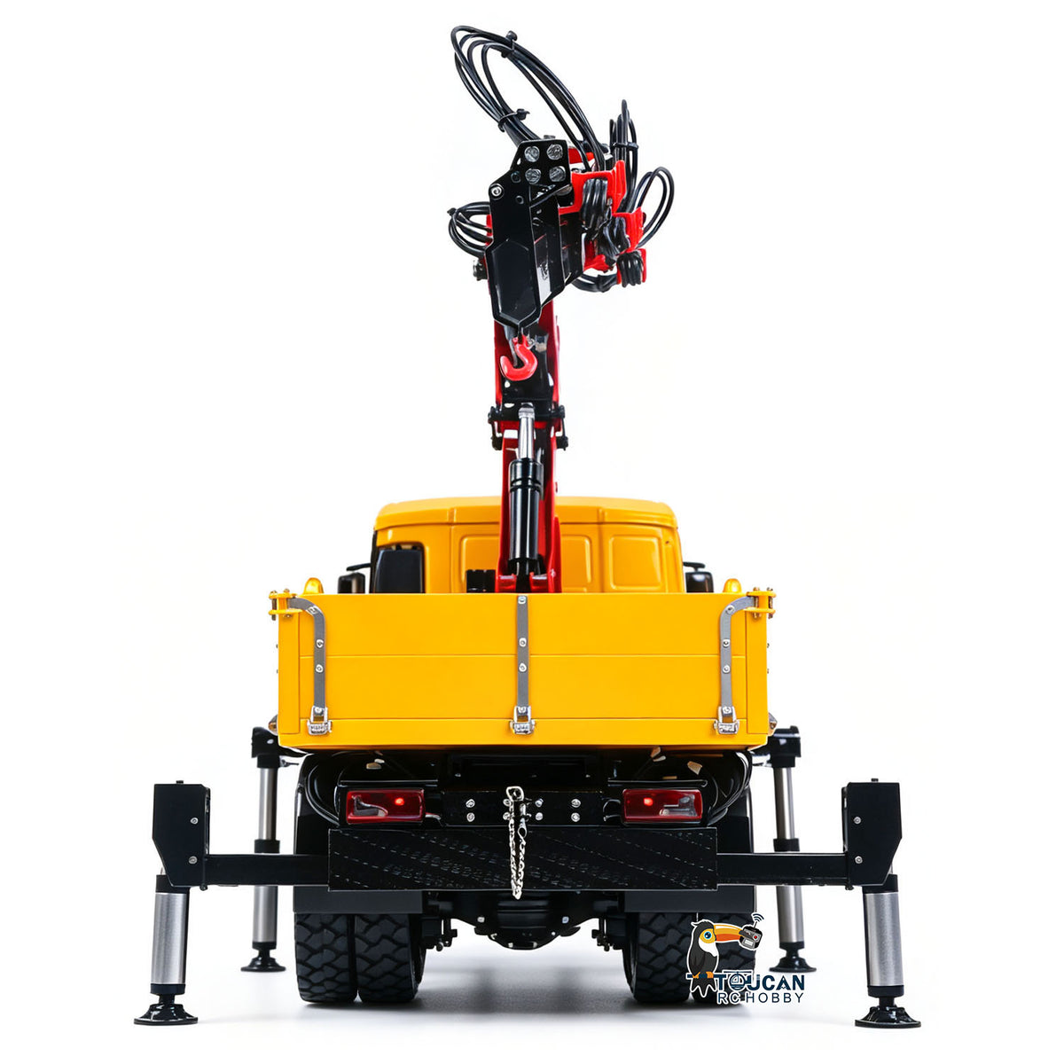 LESU 1/14 RC 6X6 Hydraulic Crane Truck Yellow Straight Rear View, Vertical Crane Arm, 6 Deployed Hydraulic Stabilizer Outriggers