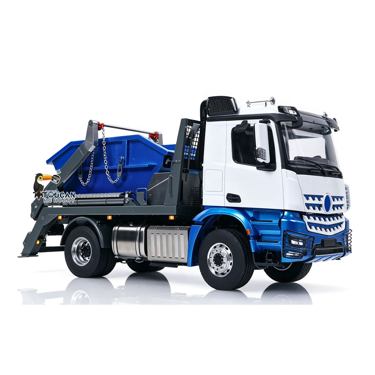 LESU 1/14 RC 4X4 Hook‑Lift Garbage Truck Right‑Front Oblique Shot, White‑Blue Painted Cab, Hydraulic Hook‑Lift Mechanism Retracted