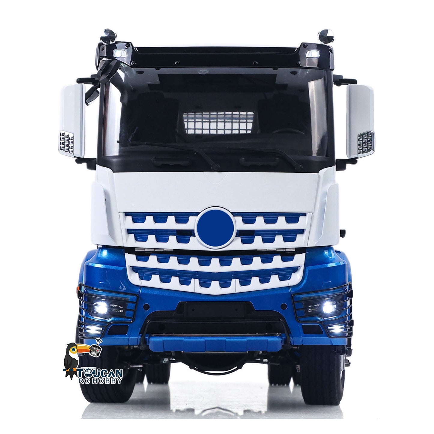 LESU 1/14 RC 4X4 Hook‑Lift Truck Cab Front Close‑Up, Illuminated Headlights, White‑Blue Painted Front Cab Assembly