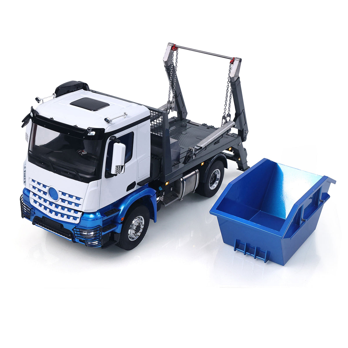 LESU 1/14 RC 4X4 Hook‑Lift Dump Truck With Detachable Blue Skip Bin, Separate Container Display, Pre‑Painted White Blue Body Shell