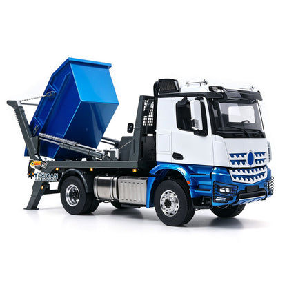 LESU 1/14 RC 4X4 Metal Hydraulic Hook‑Lift Skip Loader Garbage Dump Truck, Factory Painted Pre‑Assembled White And Blue Truck, 3‑Speed Gearbox, Light & Sound System, Winch Transmitter Battery Charger Not Included
