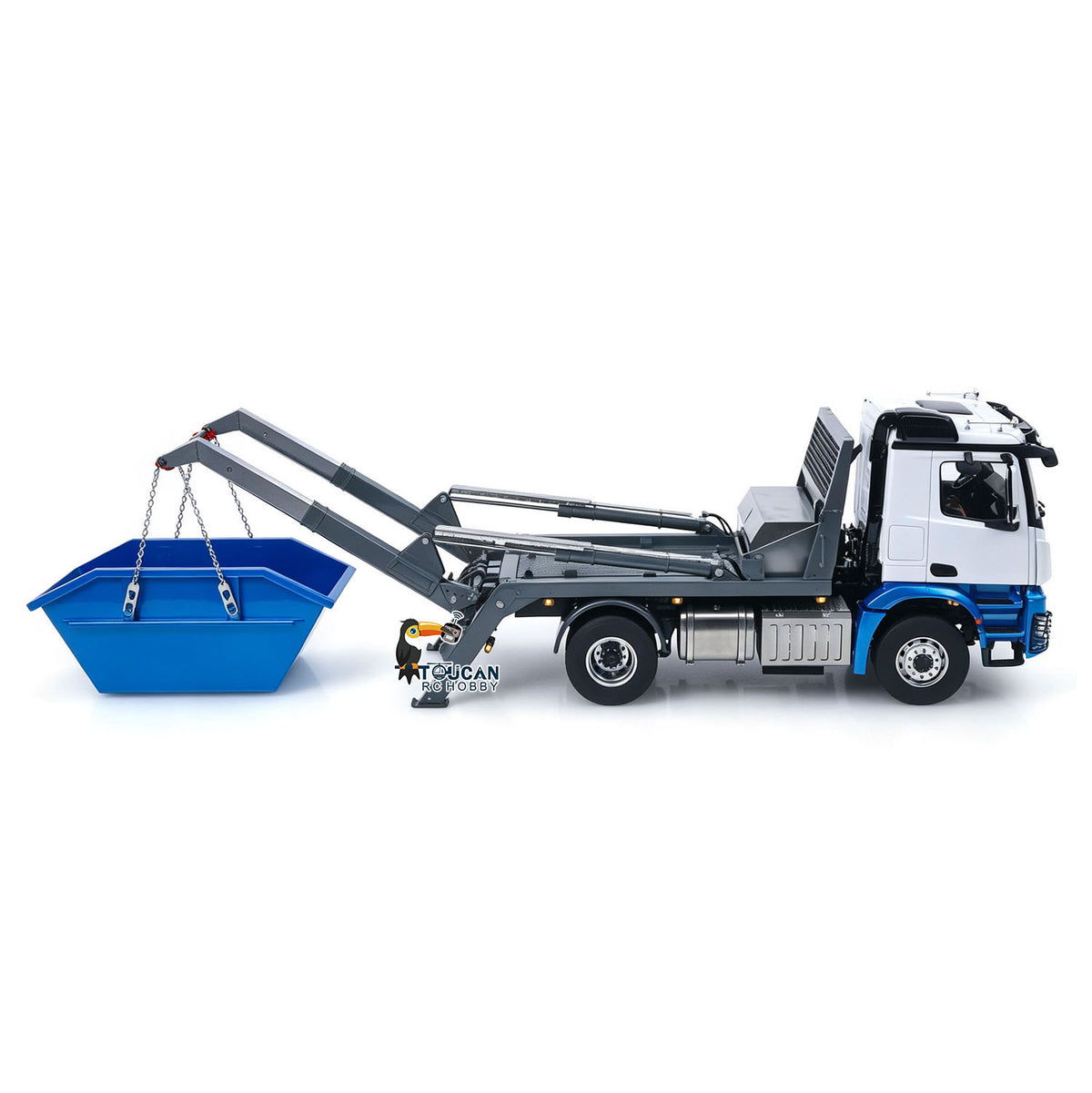 LESU 1/14 RC 4X4 Metal Hook‑Lift Truck, Hydraulic Arm Suspending Empty Skip Bin, Functional Hydraulic Lifting Demo