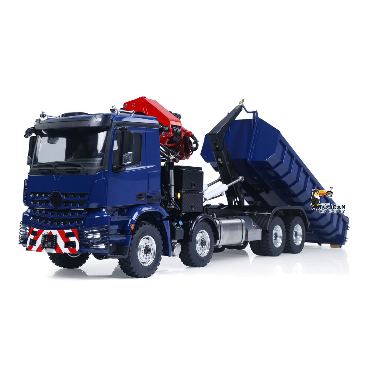 LESU 1/14 RC 8x8 Roll‑Off Dump Truck Blue Body Side View, Hydraulic Raised Dump Bucket, Folded Red‑Black Hydraulic Crane, All‑Metal Small‑Housing Differential Axles