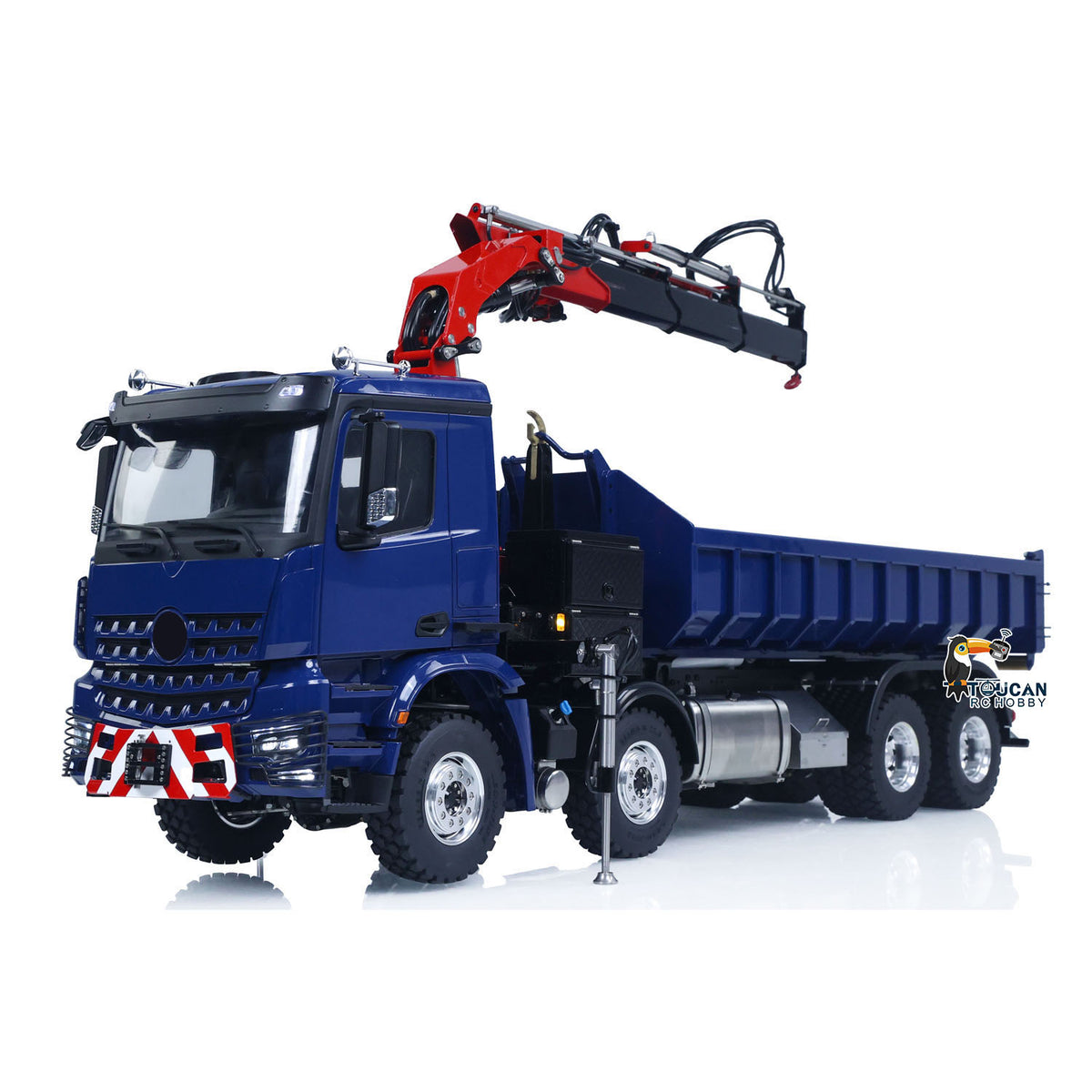 LESU 1/14 RC 8x8 Roll‑Off Dump Truck Blue Body Rear‑Oblique View, Flat Metal Dump Bucket, Fully Deployed Hydraulic Crane, Metal CVD Drive Shafts