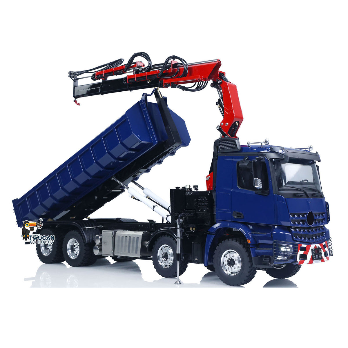 LESU 1/14 RC 8x8 Roll‑Off Dump Truck Blue Body, Tilted Metal Dump Bucket, Deployed Hydraulic Crane, Brass Hydraulic Cylinders For Self‑Unloading And Full‑Unloading