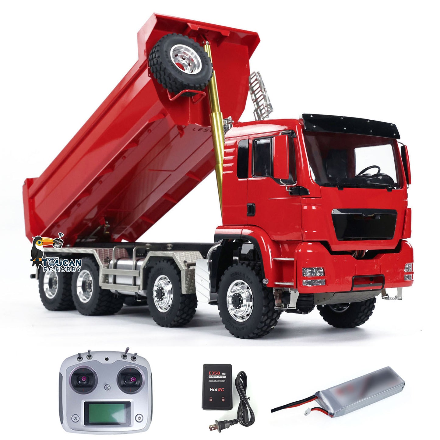 LESU 1/14 RC MAN TGS 8x8 All‑Wheel‑Drive Hydraulic Tipper Dump Truck, Front Multi‑Stage Cylinder U‑Bucket, TOUCAN Painted Red Cab, I6S Transmitter, Battery & Charger Included, 2‑Speed Gearbox All‑Metal Chassis