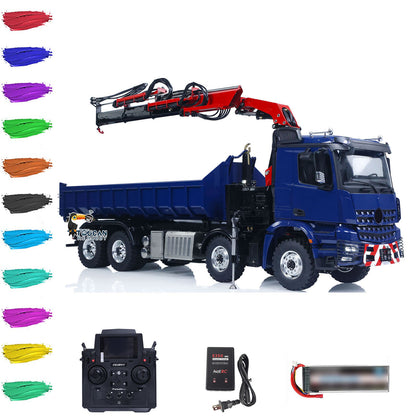 LESU 1/14 RC 8x8 Metal Hydraulic Roll‑Off Full Dump Truck With On‑Board Crane, TOUCAN Painted & Assembled Body, Red‑Black Full‑Metal Crane, PL18EV Transmitter, Battery And Charger Included, Light & Sound System, Blue Body RC Hobby Truck
