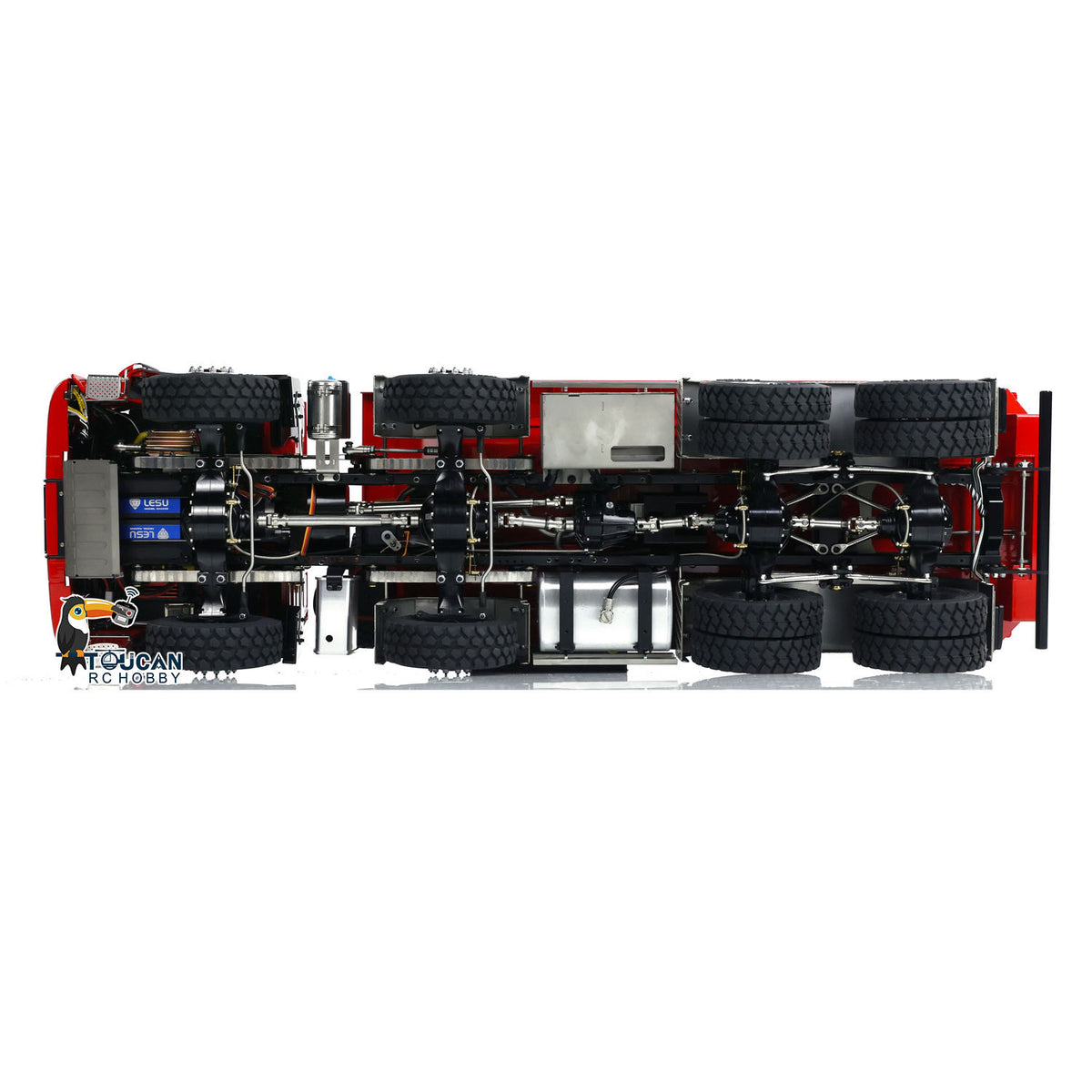 LESU 1/14 RC MAN TGS 8x8 Dump Truck Under‑Chassis Top‑Down View, Full 8x8 Drivetrain, Two‑Speed Gearbox, Axle Differential Lock Layout