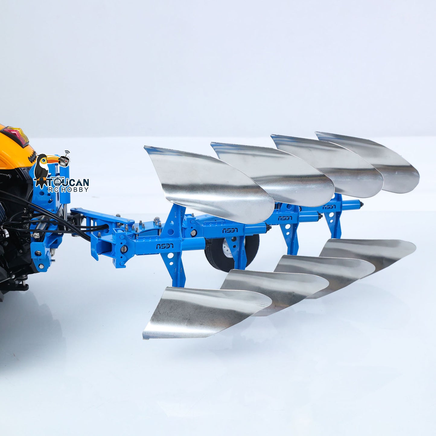 LESU 1/14 RC AT‑C0072 Reversible Plow Metal Plow Blades Side View, Polished Metal Moldboards, Symmetrical Plow Body Design