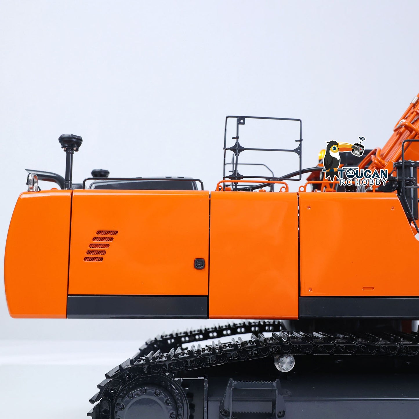 LESU 1/14 RC LR956 Hydraulic Excavator Left Side View, Orange Outer Shell, All‑Metal Track Chassis, Modular Body Structure