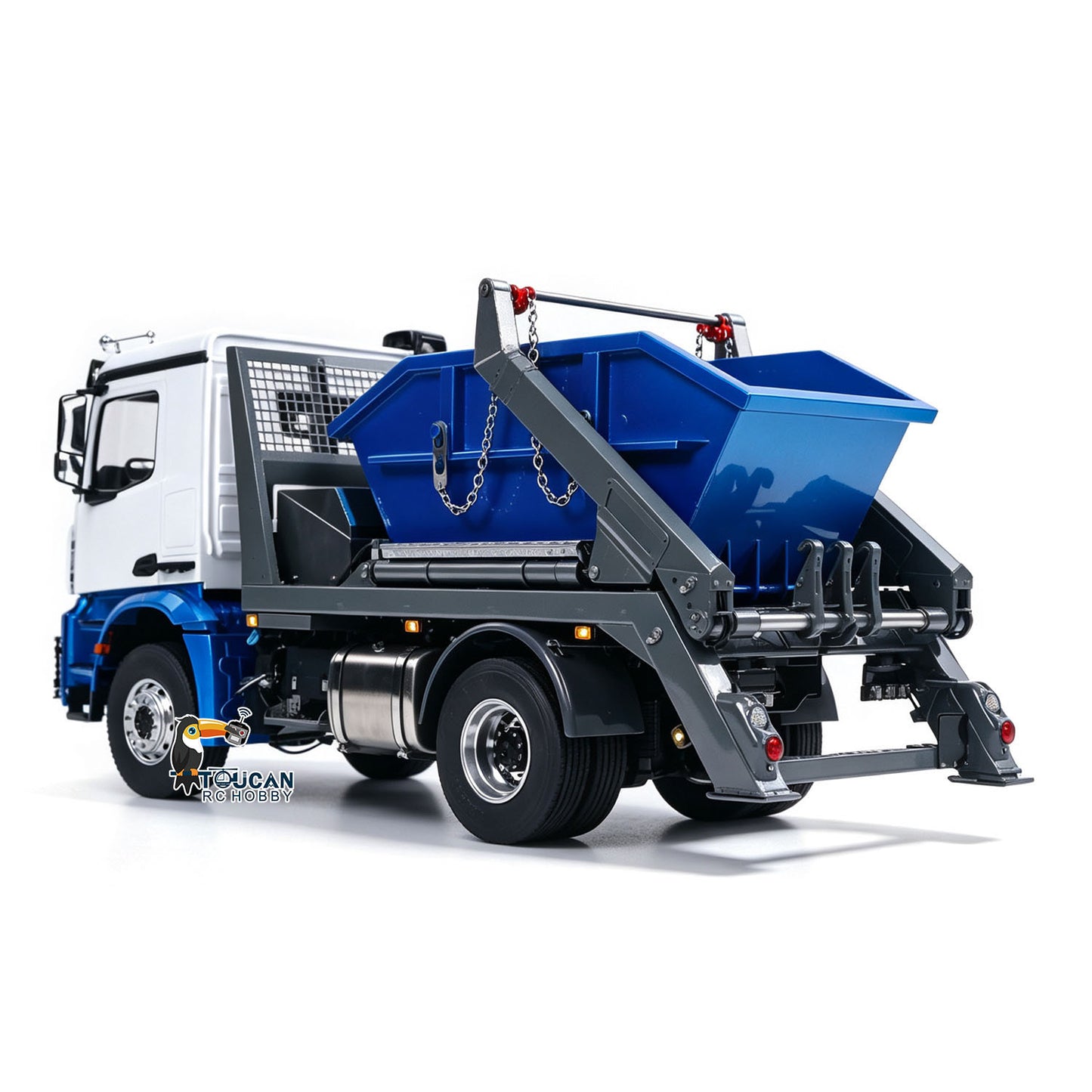 LESU 1/14 RC 4X4 Metal Skip Loader Truck Rear‑Side Oblique View, Working Hydraulic Hook‑Lift Arm, Locked Blue Skip Bin Assembly