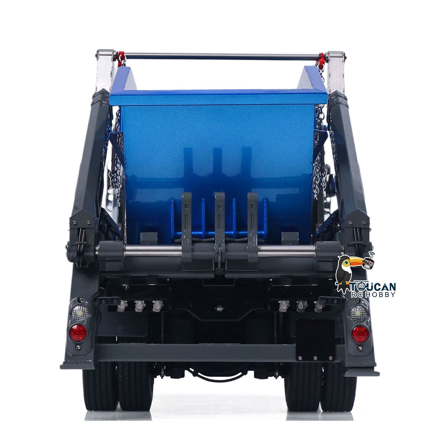 LESU 1/14 RC 4X4 Skip Loader Truck Straight Rear View, Rear Taillight, Hydraulic Hook‑Lift Base Frame, Mounted Blue Skip Bin Interior