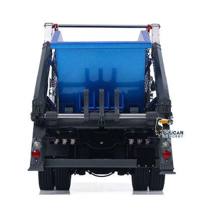 LESU 1/14 RC 4X4 Skip Loader Truck Straight Rear View, Rear Taillight, Hydraulic Hook‑Lift Base Frame, Mounted Blue Skip Bin Interior
