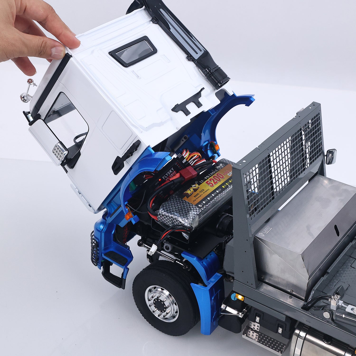 LESU 1/14 RC 4X4 Skip Loader Truck Tilted Cab View, Exposed Battery Compartment, Pre‑Assembled Motor And Mechanical Framework