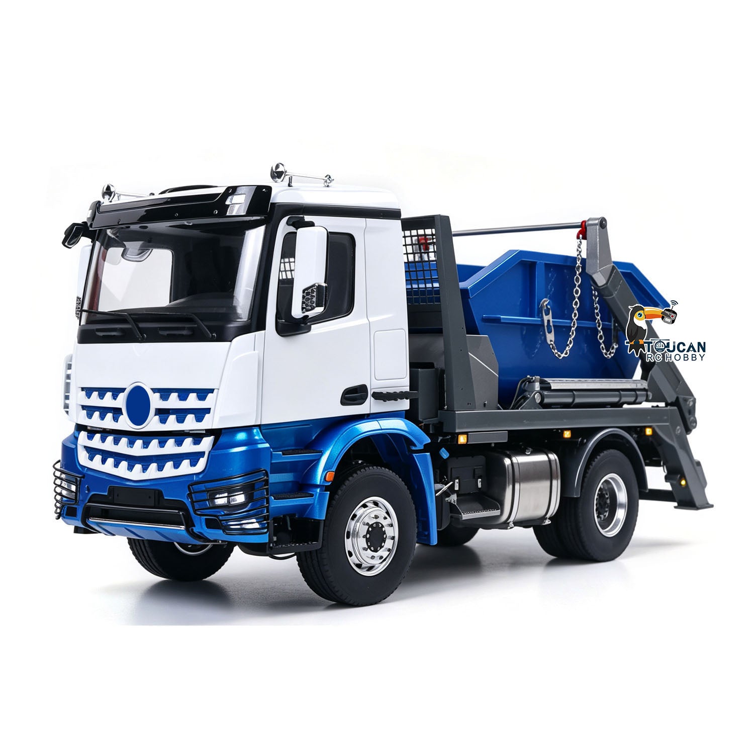 LESU 1/14 RC 4X4 Hydraulic Skip Loader Truck Front‑Oblique View, Metal Chassis Structure, Mounted Blue Skip Bin, Realistic RC Heavy Utility Truck
