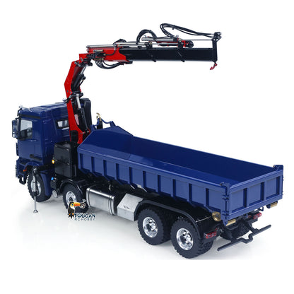 LESU 1/14 RC 8x8 Hydraulic Dump Truck Blue Static Side Profile, Folded Hydraulic Crane, Flat Metal Bucket, Metal Suspension And Wheel Hubs