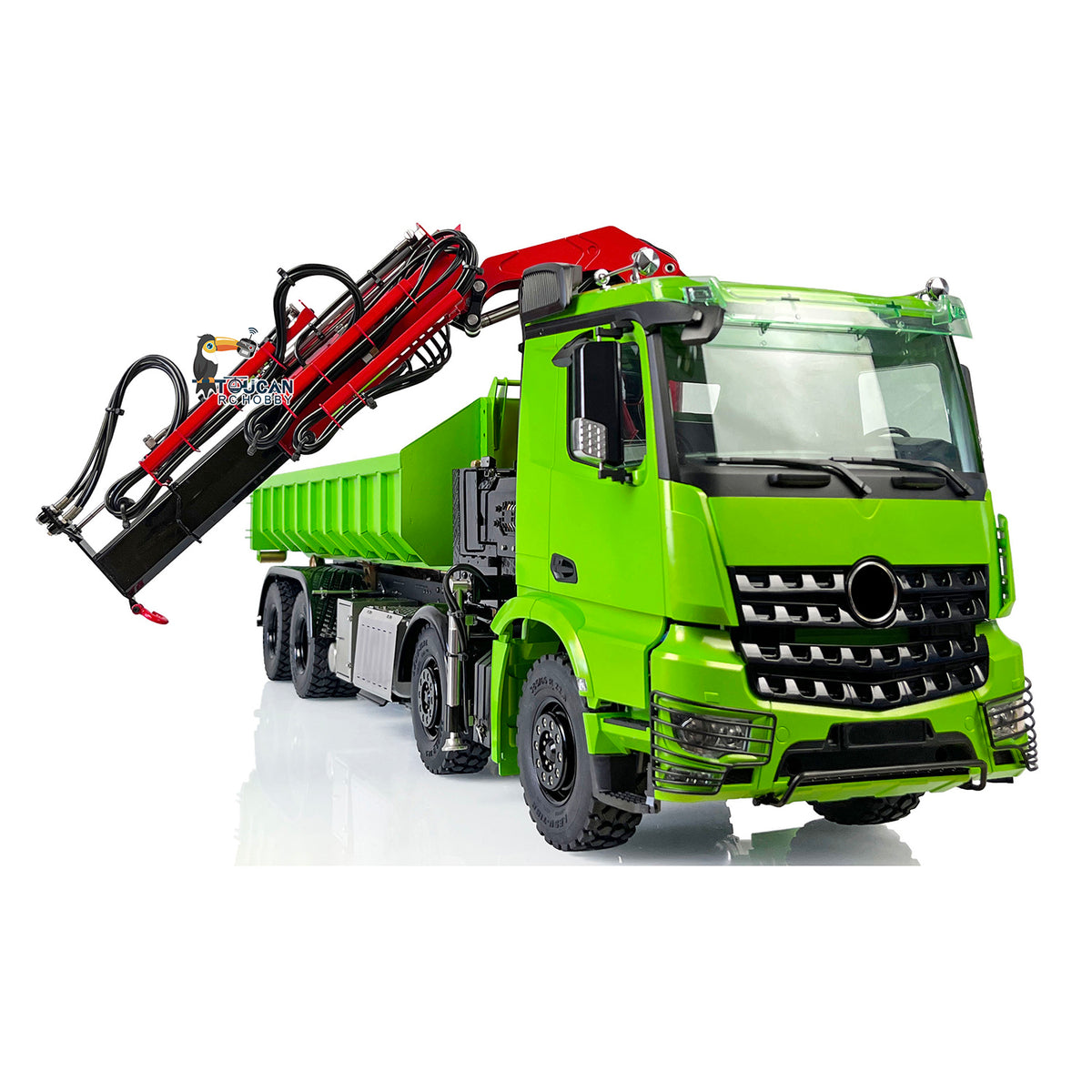 LESU 1/14 RC 8x8 Hydraulic Dump Truck Kawasaki‑Green, Fully Extended Full‑Metal Hydraulic Crane, 7‑Way Brass Reversing Valve Assembly, Multi‑Servo Crane Control