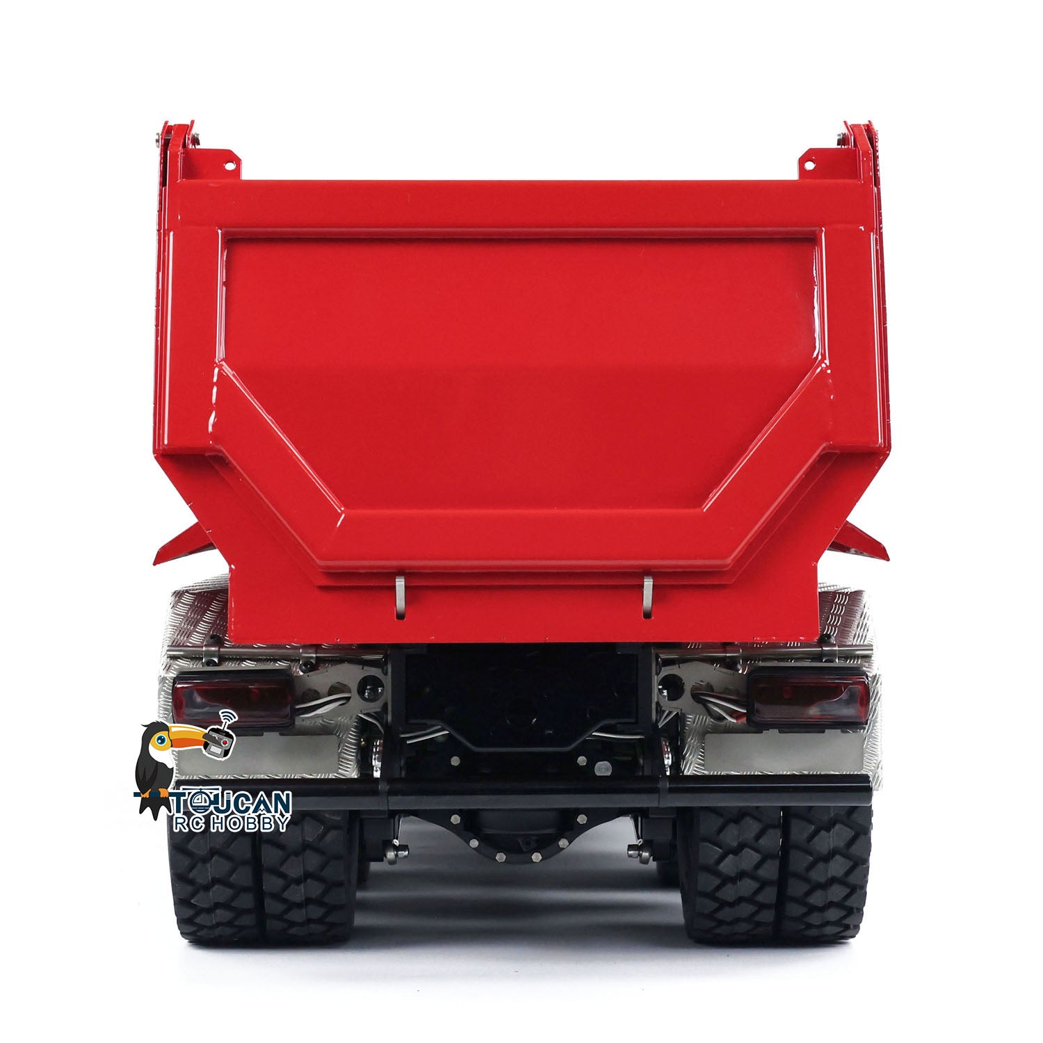 LESU 1/14 RC 8x8 Tipper Truck Red Cab Front Chassis Close‑Up, Metal Suspension And Wheel Hub Components