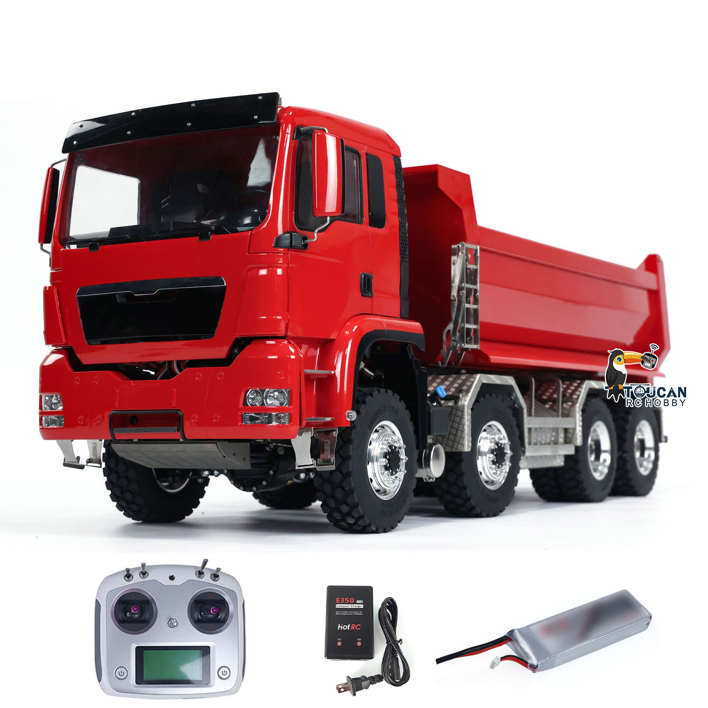 LESU 1/14 RC 8x8 Hydraulic Dump Truck Red Version, TOUCAN Painted Cab Shell, Two‑Speed Transmission, Full Accessory Set