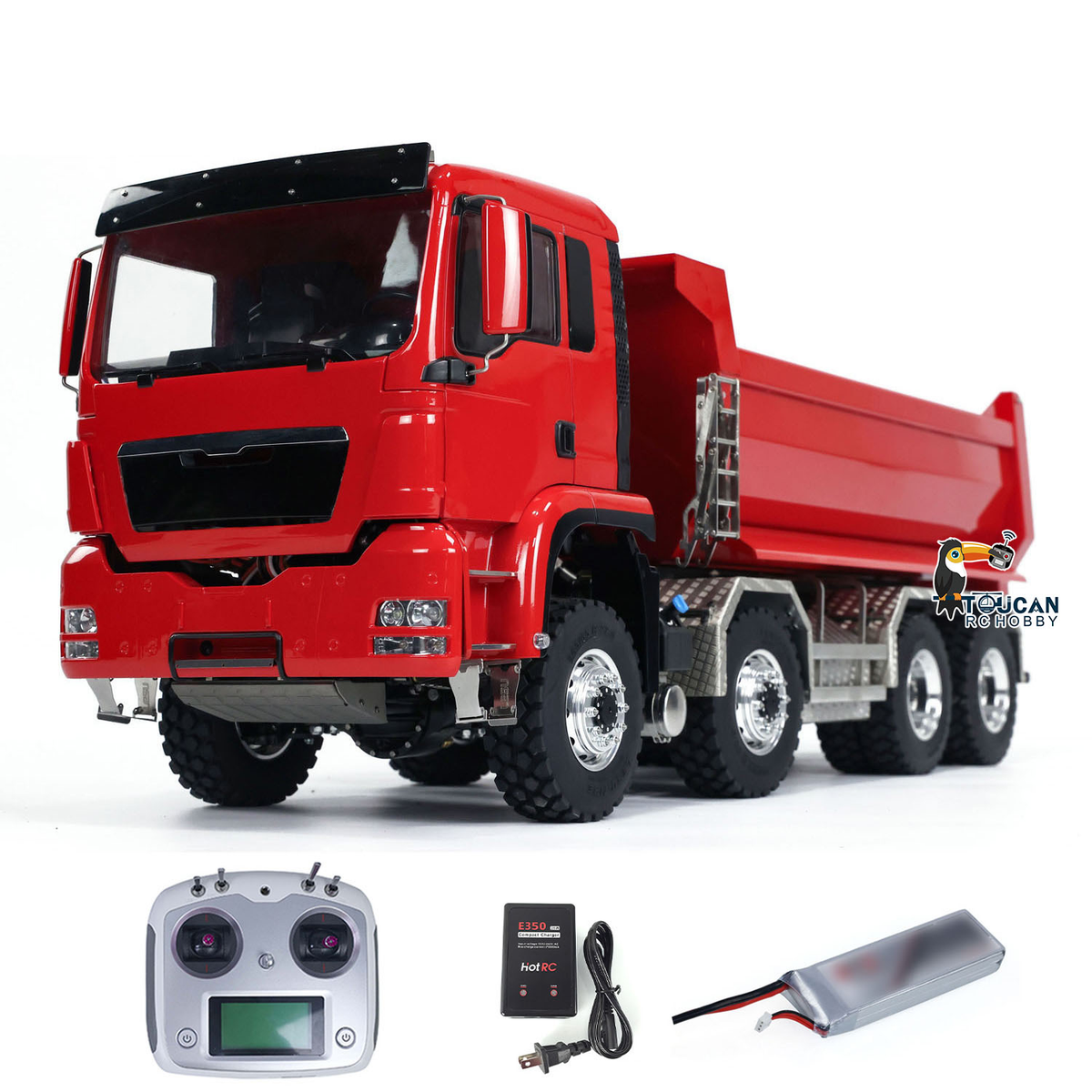 LESU 1/14 RC 8x8 Hydraulic Dump Truck Red Version, TOUCAN Painted Cab Shell, Two‑Speed Transmission, Full Accessory Set