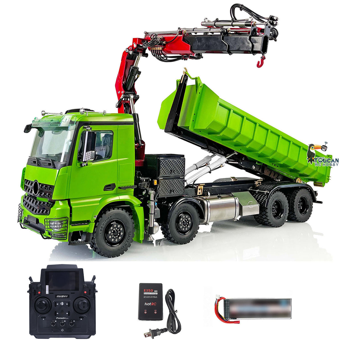 LESU 1/14 RC 8x8 Hydraulic Dump Truck Kawasaki Green Version, Hydraulic Crane Working Pose, Raised Dump Bucket, Full‑Metal Chassis With 2‑Speed Gearbox, Complete Accessory Kit