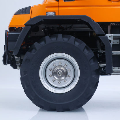 LikeRC U535Lite RC 4X4 Crawler Truck Orange Front Wheel Hub & Tire Close‑Up, Heavy‑Duty Off‑Road Tire & Metal Wheel Rim