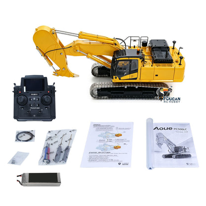 LS 1/14 RC Metal PC500 Excavator Rock Arm Version, 45‑Degree Exterior Shot, With Paper Manual And Accessory Parts, Pre‑Painted Yellow RC Digging Machine
