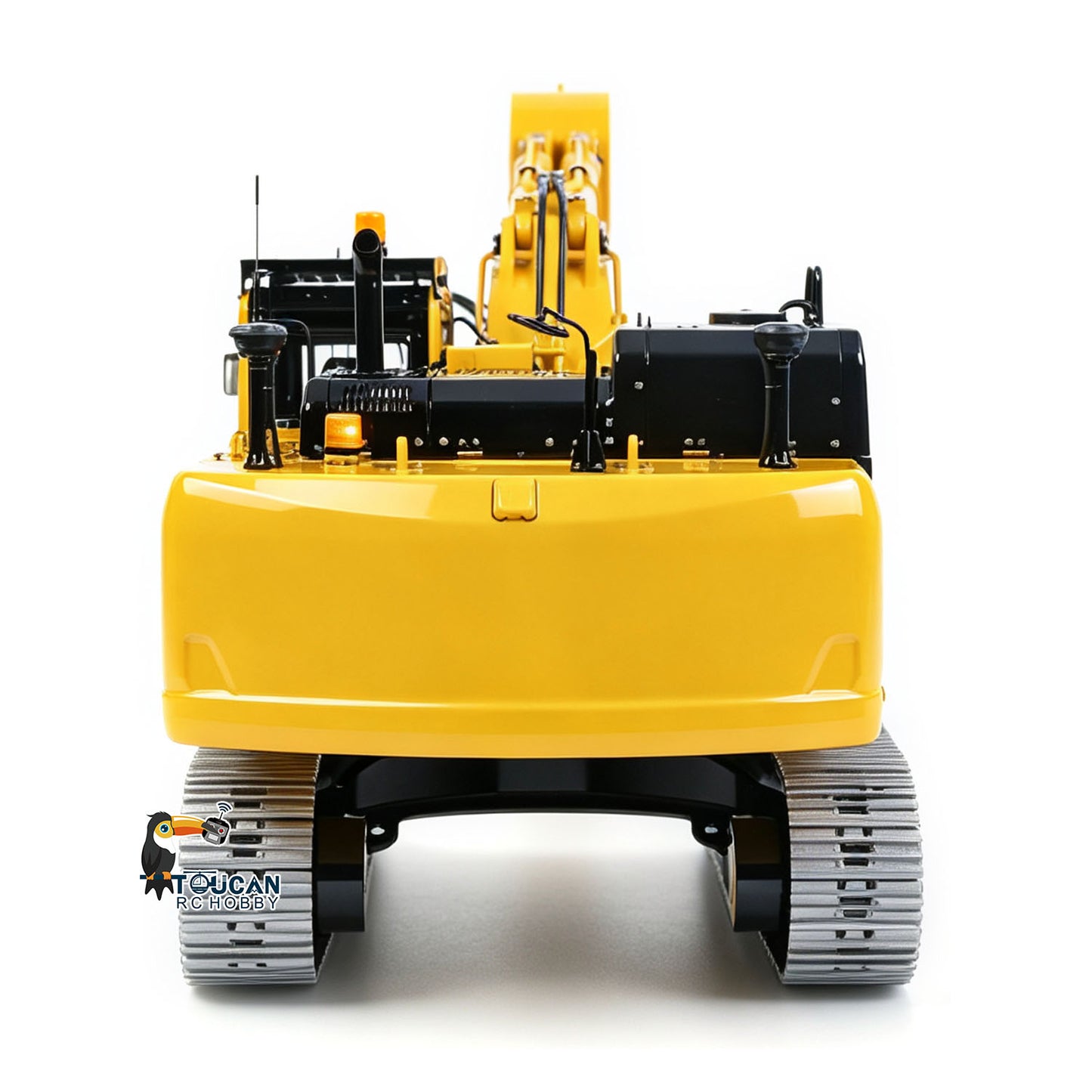 LS 1/14 RC Metal Excavator PC500 Rock Arm, Straight Rear End Shot, Rear Housing Grille And Metal Track Undercarriage, Yellow Finished RC Model
