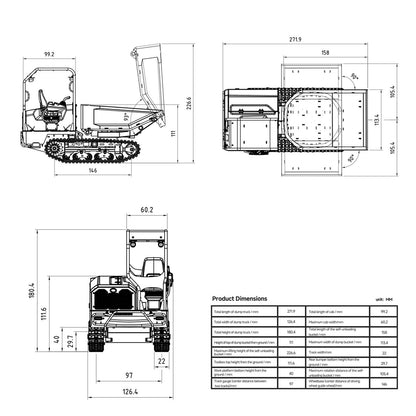 LS 1/14 RC Metal Hydraulic Tracked Dumper Aoue KC300HR‑5 Dimension Drawing Size Reference Diagram For Scale RC Crawler Dumper Model