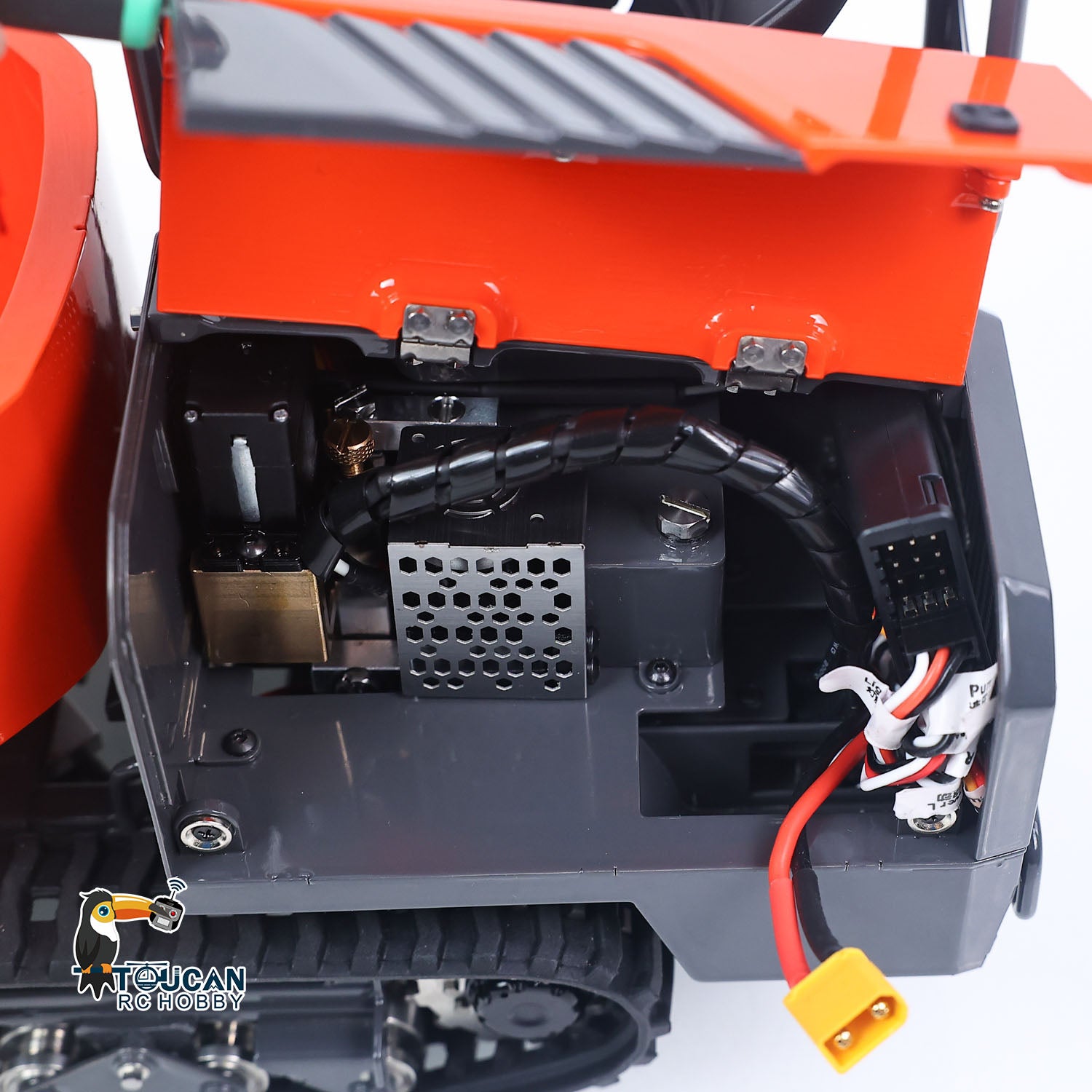 LS 1/14 RC Metal Hydraulic Tracked Dumper Aoue KC300HR‑5 On‑Board Electronics, Motor ESC and Battery Bay Wiring Close‑up RC Dumper Internal Components