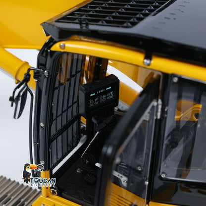 LS 1/14 RC PC500 Hydraulic Excavator Rock Arm, Cabin Side Door And Hinge Close‑Up, Painted Metal Shell And Protective Grille Detail