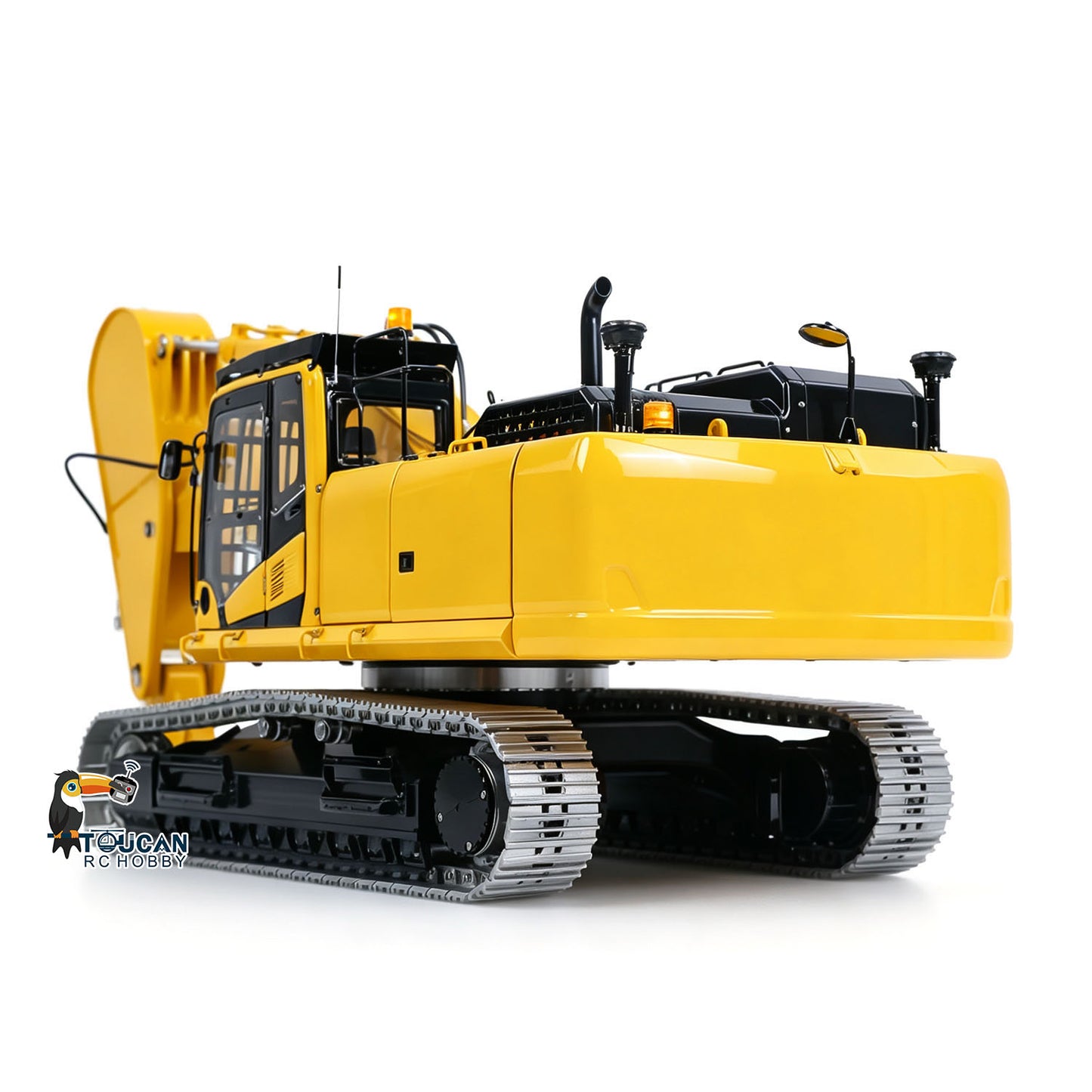 LS 1/14 RC PC500 Metal Hydraulic Digger Rock Arm Version, Left Rear Quarter Exterior View, Full Body And Metal Track Chassis Display