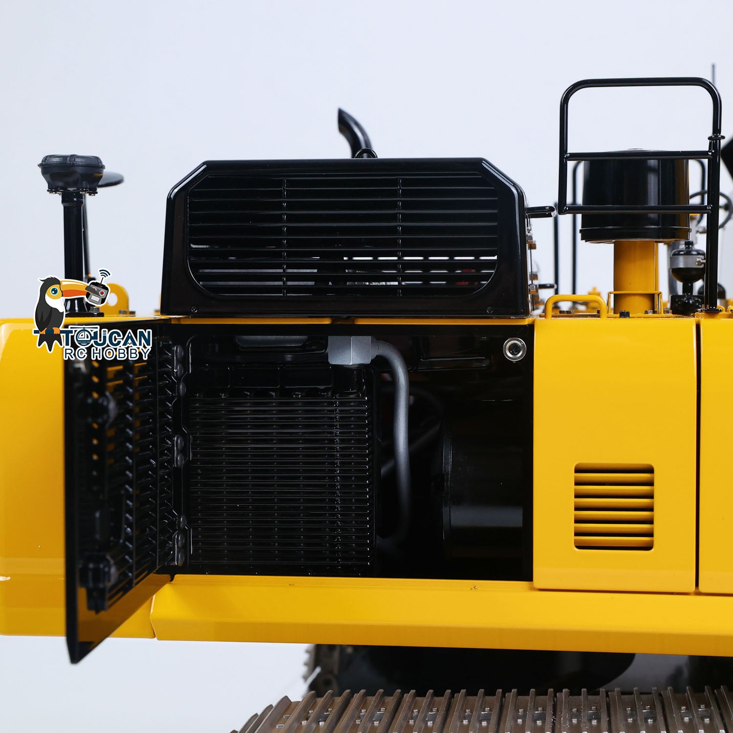 LS 1/14 RC Metal PC500 Excavator Rock Arm Version, Rear Radiator Grille And Back Shell Close‑Up, Yellow Finished RC Digger Body Detail