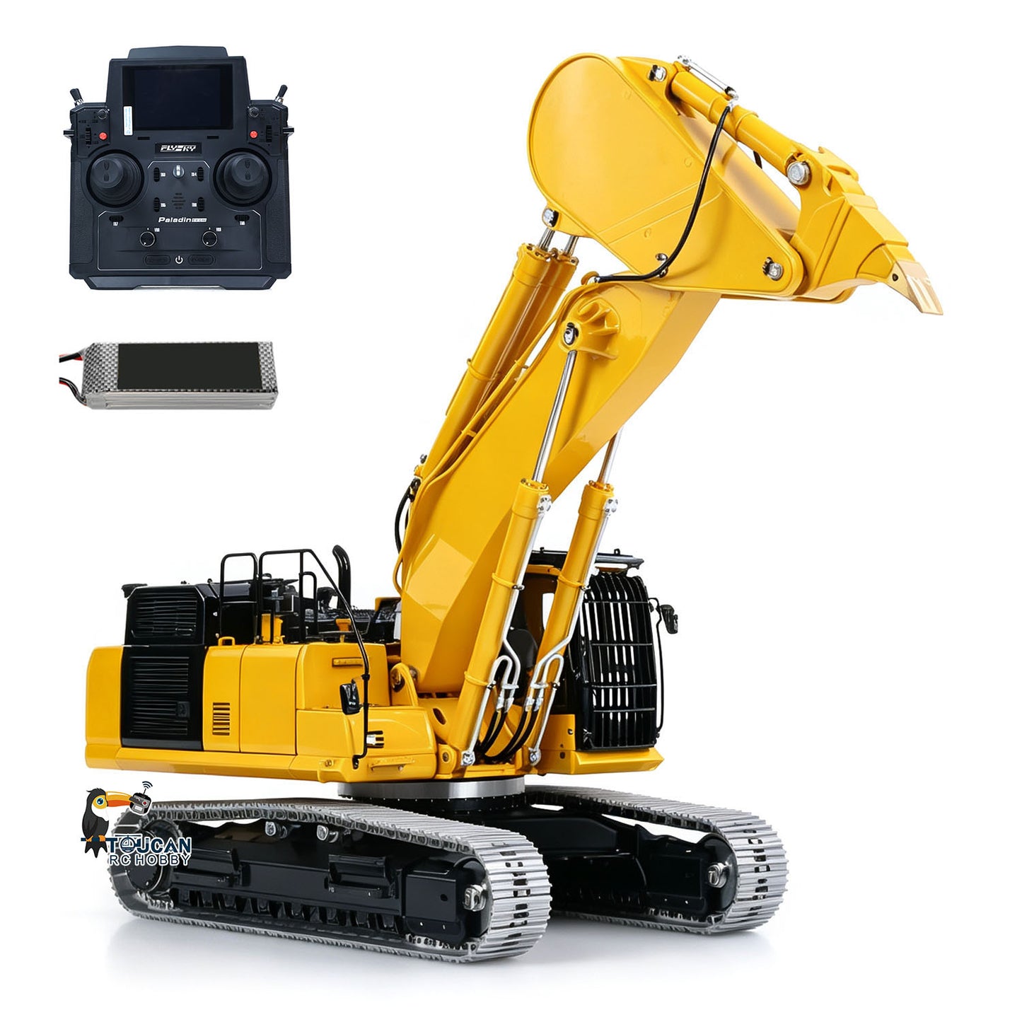LS 1/14 RC PC500 Hydraulic Digger Rock Arm Model, Lifted Boom Working Posture, Full Metal Track Chassis, Yellow Finished RC Construction Machinery