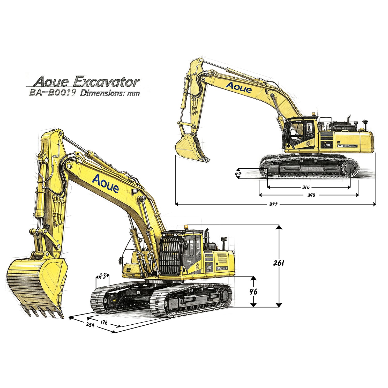LS 1/14 RC Hydraulic Excavator PC500 Dimension Drawing Size Reference Diagram for All‑Metal Scale RC Construction Digger Model