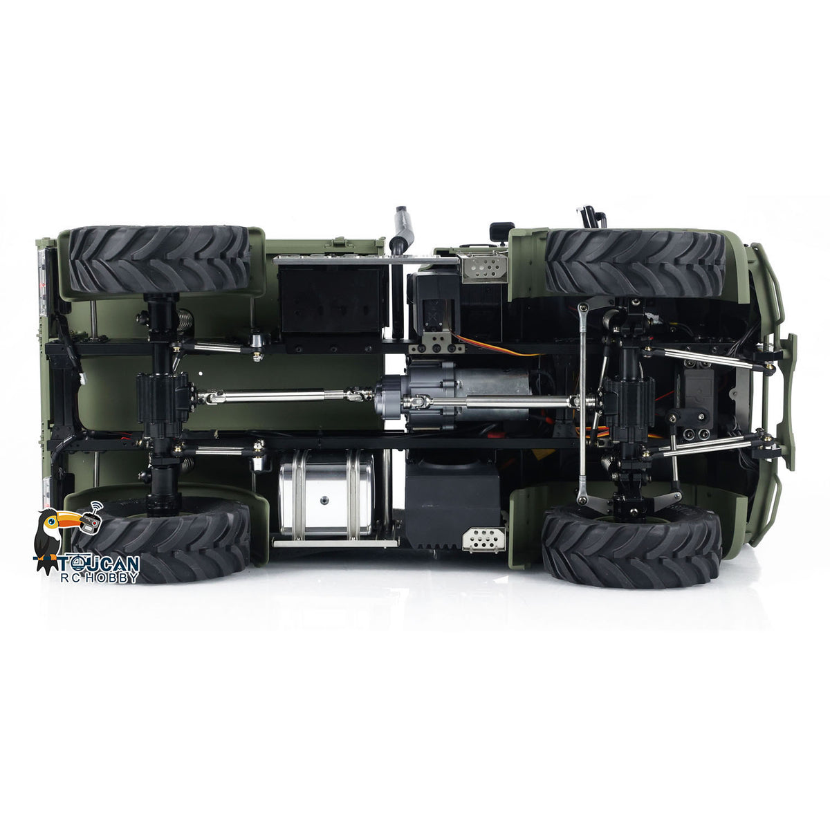 MD 1/10 RC Offroad Truck U423 Green Bottom Chassis View, Two-Speed Transmission & Diff Locks