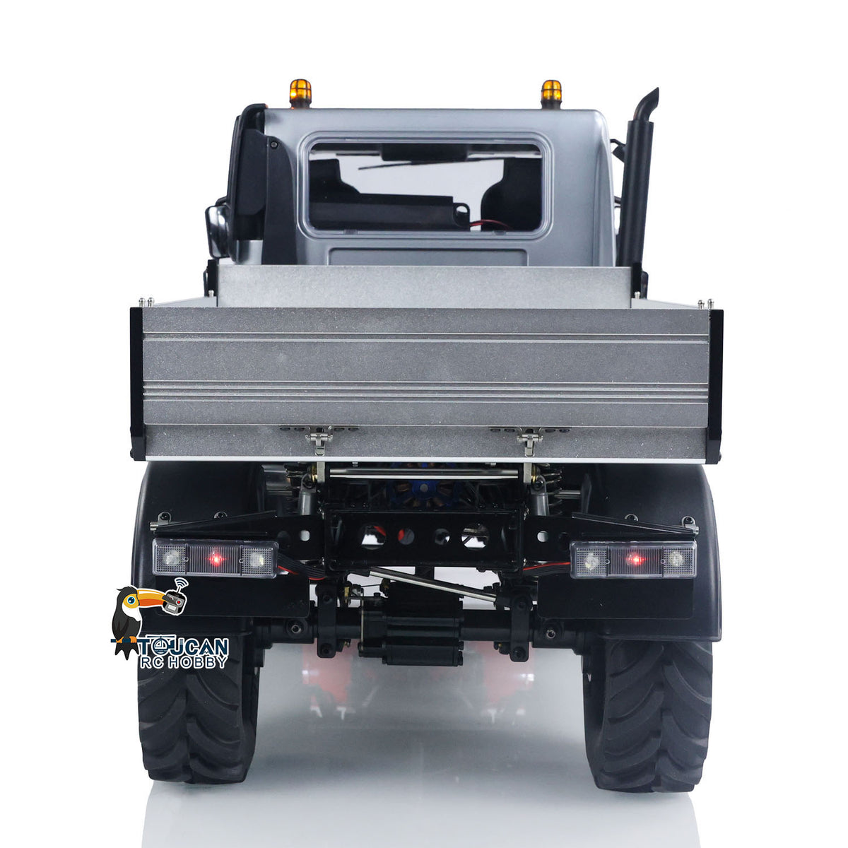 MD 1/10 RC 4X4 U423 Grey Rear Straight View, Hydraulic Tailgate & Metal Cargo Bed