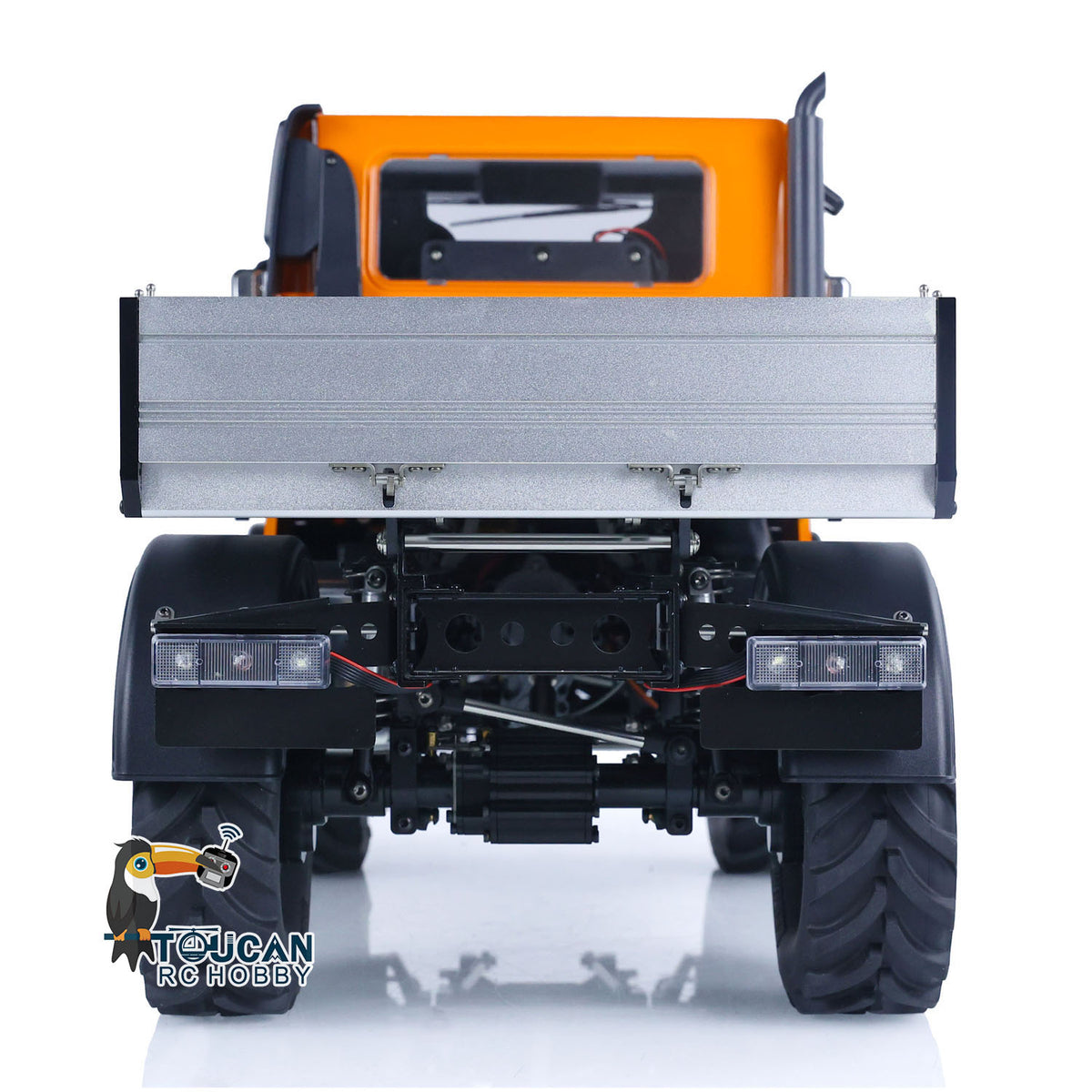 MD 1/10 RC Offroad Truck U423 Orange Rear Straight View, Metal Flat Bed Details