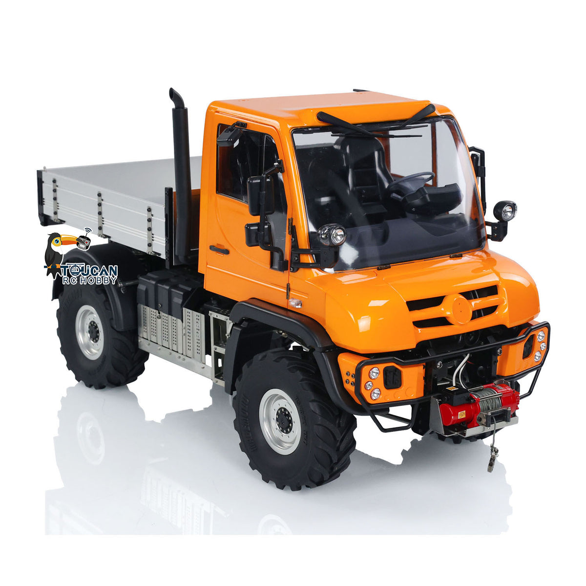 MD 1/10 RC Offroad Truck U423 Orange Oblique View, Simulated Snorkel, Chimney and Wiper Details