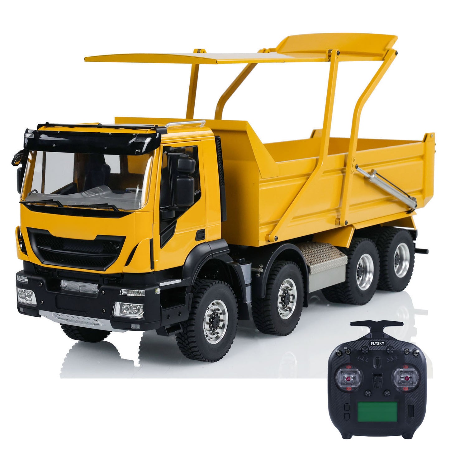MD 1/14 8x8 metal hydraulic RC dump truck front left view with ST8 radio