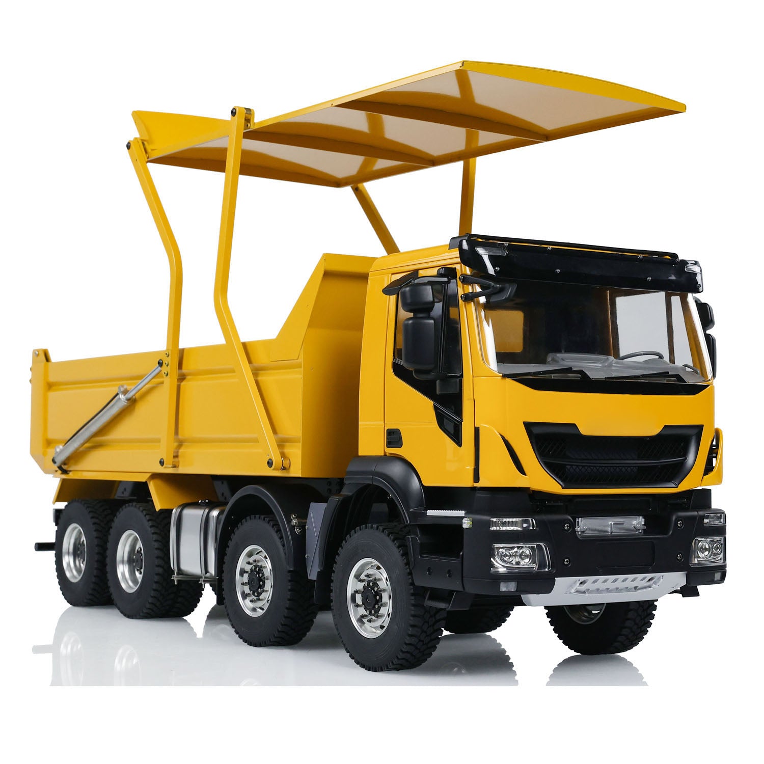 MD 1/14 8x8 metal hydraulic RC dump truck front right view with dump bed cover