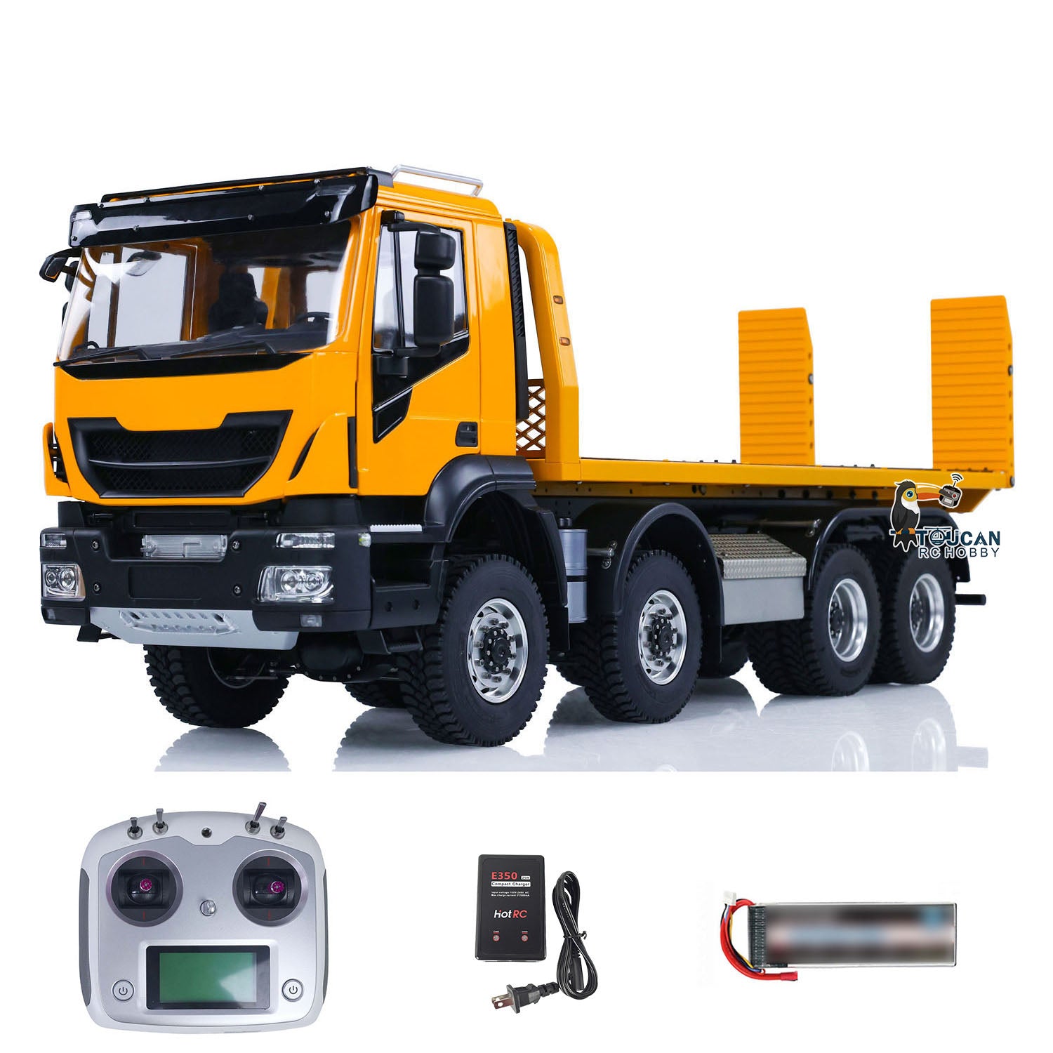 MD 1/14 8x8 metal hydraulic RC rescue truck front left view with ST8 transmitter battery and charger