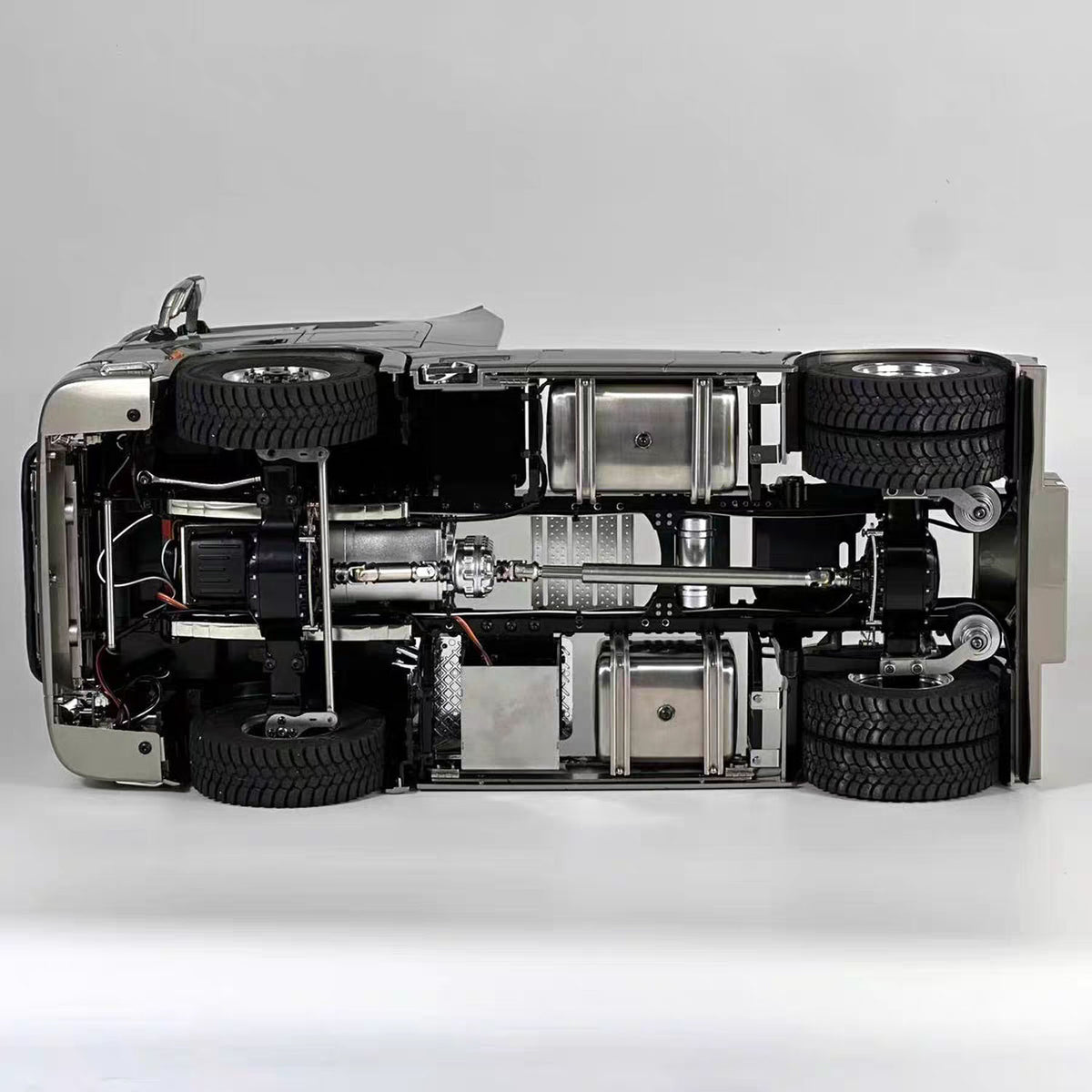 MD 1/14 RC 4x4 Tractor Truck 770S Base Taupe Bottom Chassis View, Wheel Hub Reduction Axles with Differential Lock
