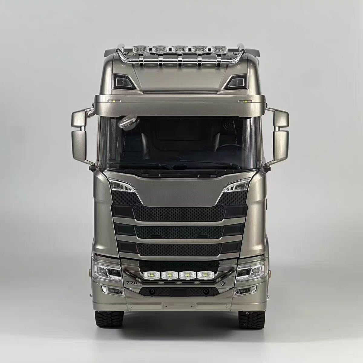 MD 1/14 RC 4x4 Tractor Truck 770S Base Taupe Front Close-Up, Sequential Headlight & Grille Details