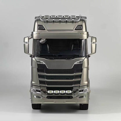 MD 1/14 RC 4x4 Tractor Truck 770S Base Taupe Front Close-Up, Sequential Headlight & Grille Details