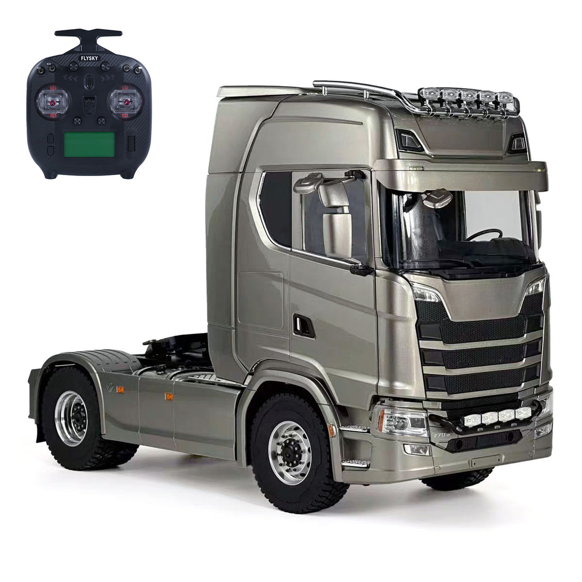 MD 1/14 RC 4x4 Tractor Truck 770S Base Taupe Left Front View, Factory Painted Assembled RC Truck Model