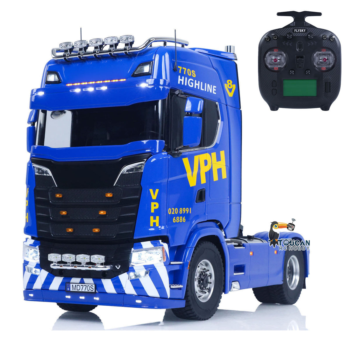 MD 1/14 RC 4x4 Tractor Truck 770S Blue VPH Front View, Flowing Water LED Light, Realistic Engine Sound Module