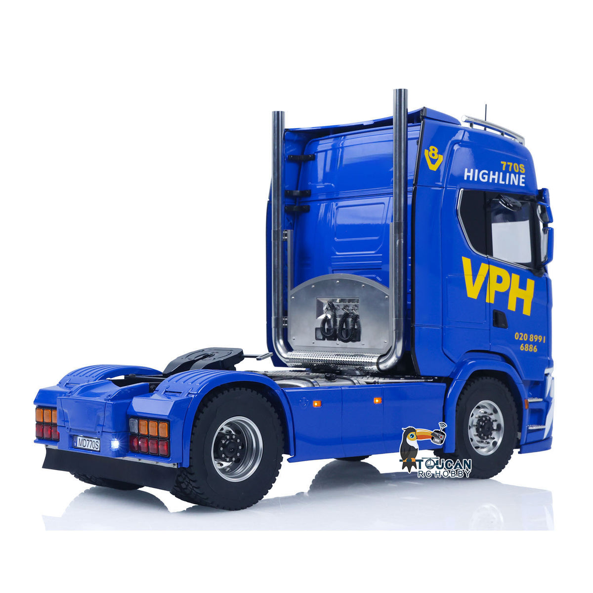 MD 1/14 RC 4x4 Tractor Truck 770S Blue VPH Rear Side View, Detailed Painted Body with White Stripe Bumper